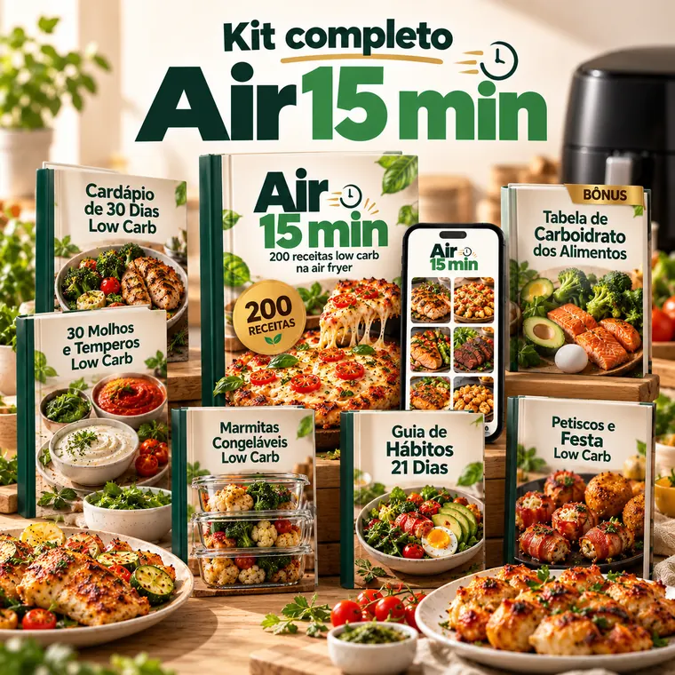 Kit Air 15 min: livro com 200 receitas, app no celular, Cardápio de 30 Dias, 30 Molhos e Temperos e Tabela de Carboidrato dos Alimentos, além dos extras opcionais.